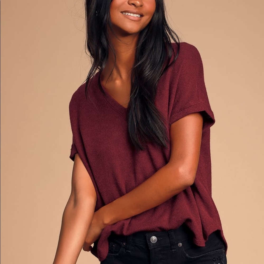 TrueStory Burgundy V-Neck Short Sleeve Sweater Top